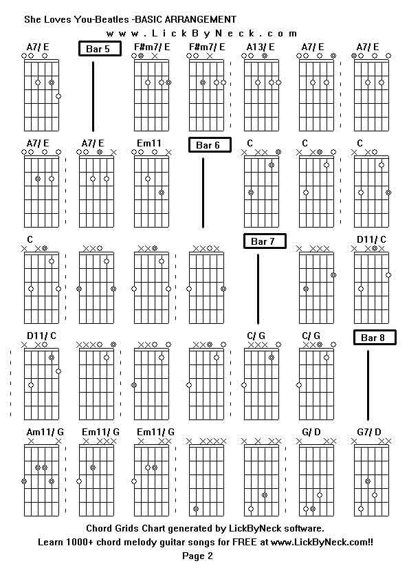 Chord Grids Chart of chord melody fingerstyle guitar song-She Loves You-Beatles -BASIC ARRANGEMENT,generated by LickByNeck software.